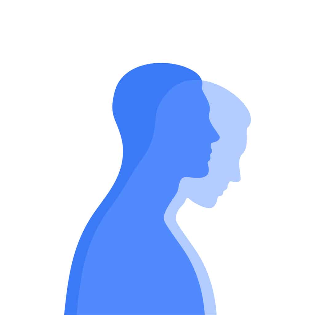 A dual blue male figure with one looking down to represent depression