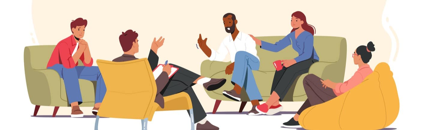 Illustration of people siting on chairs and couches during residential rehab group therapy